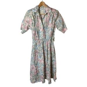 Vtg 1980's Stuart Alan Cream Pink Floral Short Sleeve Dress Women's Size 6P